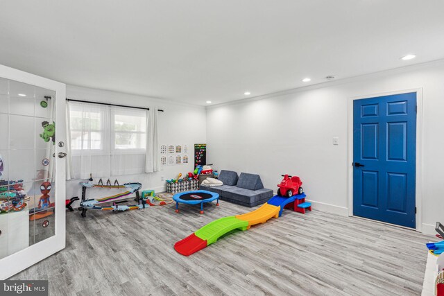 76 Torrington Ln, Willingboro, NJ 08046 - recreation room featuring wood finished floors, ornamental molding, recessed lighting, and baseboards