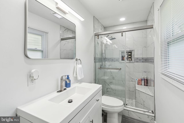 76 Torrington Ln, Willingboro, NJ 08046 - full bathroom with a marble finish shower, vanity, toilet, and recessed lighting