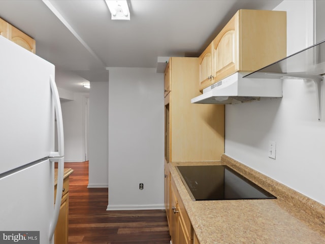 4102 Elizabeth St, Rockville, MD 20853 - kitchen with freestanding refrigerator, light brown cabinetry, black electric cooktop, and dark wood finished floors
