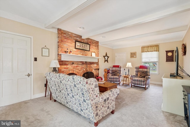 7 Taylor Ln, Doylestown, PA 18902 - living area with beam ceiling, carpet, a fireplace, and baseboards