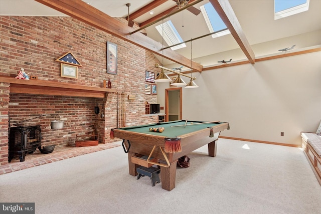 7 Taylor Ln, Doylestown, PA 18902 - game room featuring a high ceiling, a wood stove, a skylight, carpet floors, and baseboards