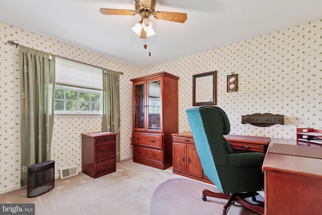 7 Taylor Ln, Doylestown, PA 18902 - office area with wallpapered walls, light colored carpet, and a ceiling fan