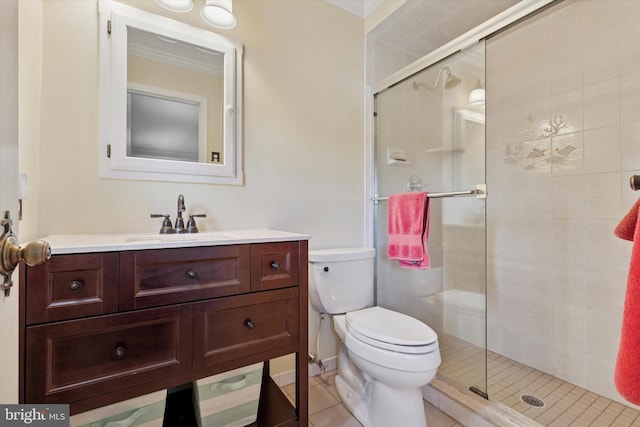 7 Taylor Ln, Doylestown, PA 18902 - bathroom featuring toilet, vanity, a stall shower, ornamental molding, and tile patterned floors