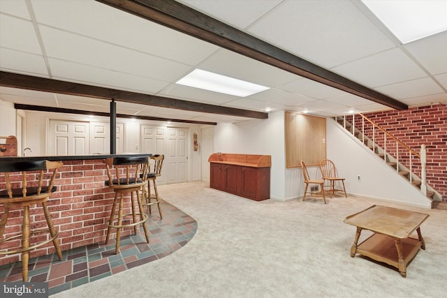7 Taylor Ln, Doylestown, PA 18902 - indoor dry bar with stairway, carpet floors, a drop ceiling, and brick wall
