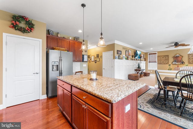 310 Windsor Rd, Mullica Hill, NJ 08062 - kitchen with stainless steel fridge with ice dispenser, a center island, light wood finished floors, recessed lighting, and a ceiling fan