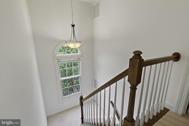 4714 Major Ct, Alexandria, VA 22312 - stairway featuring baseboards, a high ceiling, and carpet flooring