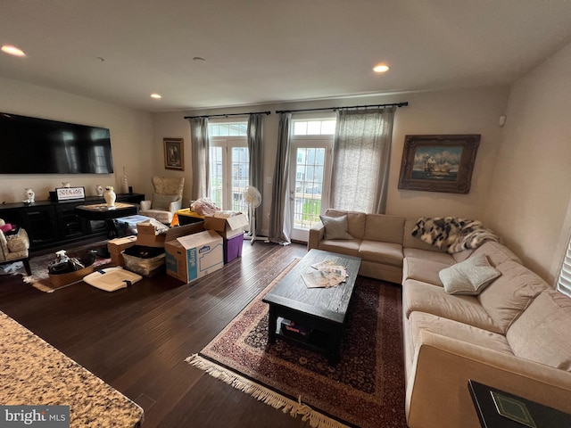 living room with hardwood / wood-style floors and recessed lighting