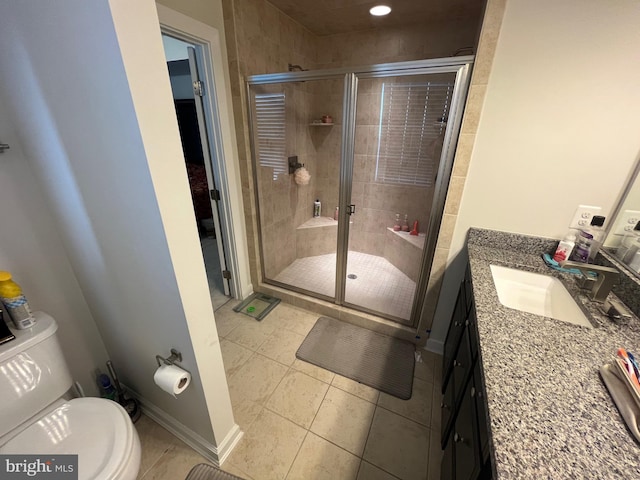 bathroom with a stall shower, tile patterned floors, toilet, and vanity