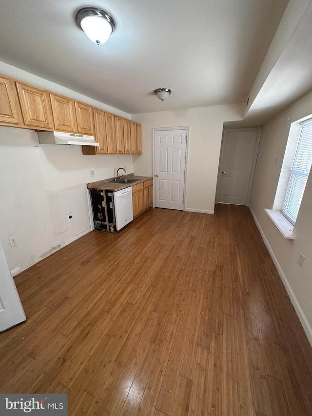 1844 W Master St, Philadelphia, PA 19121 - kitchen featuring wood finished floors, a sink, under cabinet range hood, dishwasher, and baseboards