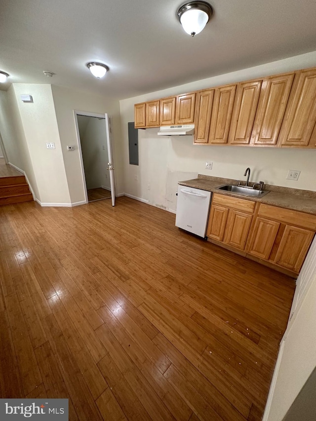 1844 W Master St, Philadelphia, PA 19121 - kitchen with white dishwasher, a sink, under cabinet range hood, hardwood / wood-style floors, and baseboards