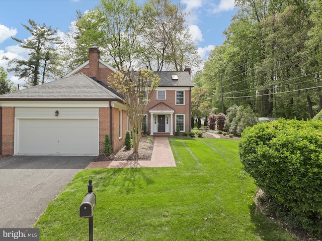 7287 Evans Mill Rd, Mclean, VA 22101 - view of front of property featuring brick siding, asphalt driveway, an attached garage, and a chimney
