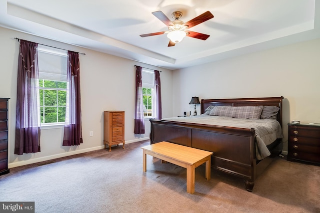 carpeted bedroom with multiple windows, baseboards, a ceiling fan, and a tray ceiling