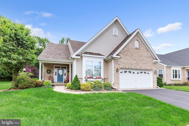 traditional-style home featuring brick siding, an attached garage, driveway, and a front yard