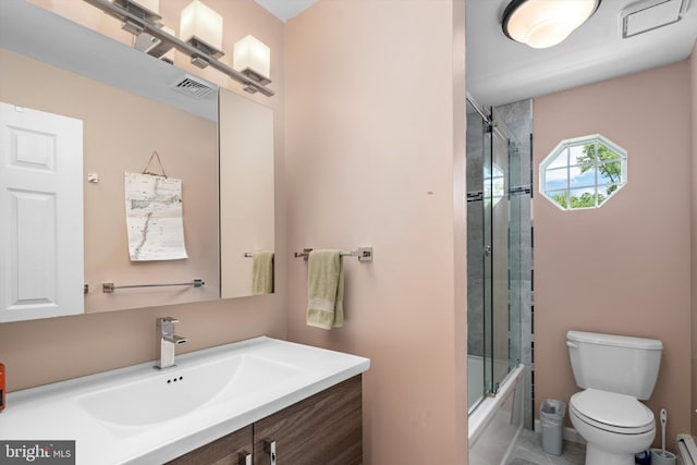 10 Hickory Dr, Doylestown, PA 18901 - full bathroom with vanity, toilet, bath / shower combo with glass door, and a baseboard radiator