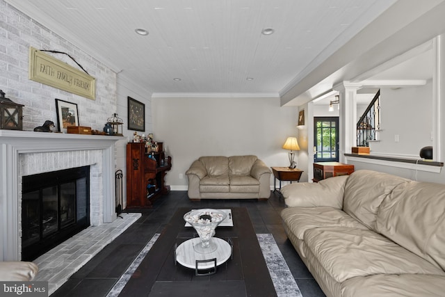 8 Pheasant Run Ct, Lutherville Timonium, MD 21093 - living area featuring a fireplace, recessed lighting, crown molding, stairway, and brick wall