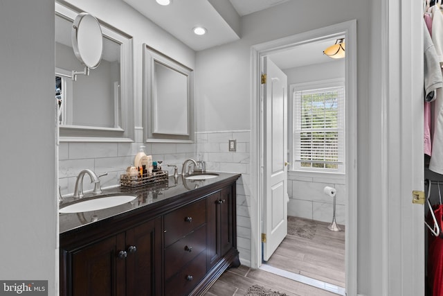 8 Pheasant Run Ct, Lutherville Timonium, MD 21093 - full bathroom featuring double vanity, wood finished floors, and recessed lighting