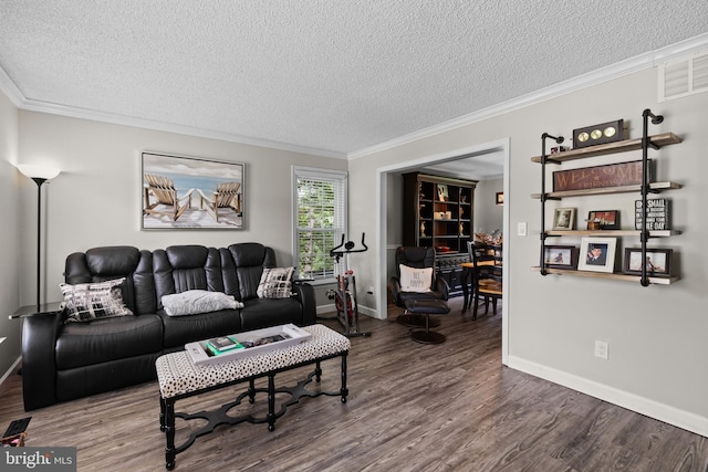 8 Pheasant Run Ct, Lutherville Timonium, MD 21093 - living area featuring a textured ceiling, ornamental molding, wood finished floors, and baseboards