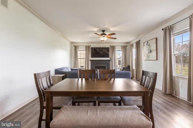 dining area featuring ornamental molding, ceiling fan, wood finished floors, a fireplace, and baseboards