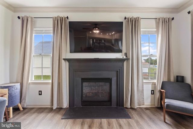 detailed view of wood finished floors, baseboards, a glass covered fireplace, crown molding, and ceiling fan