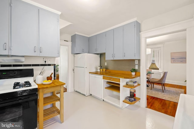 46 Murray Ave, Annapolis, MD 21401 - kitchen featuring white appliances, gray cabinets, tasteful backsplash, light countertops, and under cabinet range hood