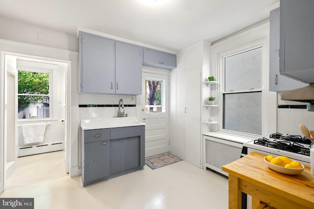 46 Murray Ave, Annapolis, MD 21401 - kitchen featuring gray cabinets, a baseboard heating unit, healthy amount of natural light, and light countertops