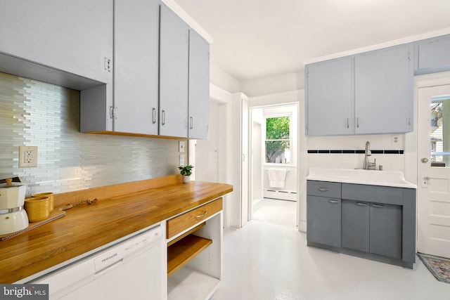46 Murray Ave, Annapolis, MD 21401 - kitchen featuring gray cabinetry, baseboard heating, white dishwasher, backsplash, and plenty of natural light