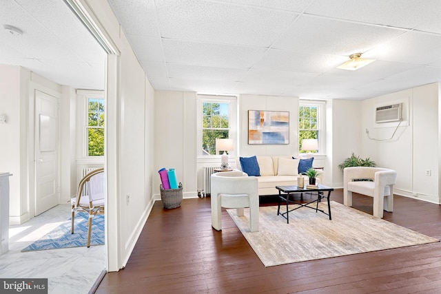 46 Murray Ave, Annapolis, MD 21401 - living room featuring a drop ceiling, a wall mounted AC, dark wood-type flooring, radiator heating unit, and baseboards