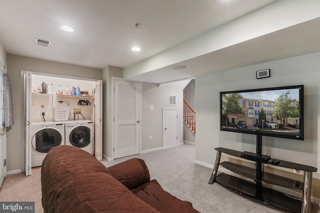 7163 Deep Falls Way Unit 139, Elkridge, MD 21075 - carpeted living area featuring independent washer and dryer, baseboards, stairs, and recessed lighting