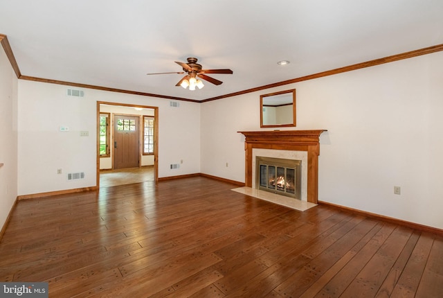 4 Apple Tree Ln, Hummelstown, PA 17036 - unfurnished living room featuring ceiling fan, hardwood / wood-style flooring, a fireplace, crown molding, and recessed lighting