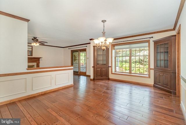 4 Apple Tree Ln, Hummelstown, PA 17036 - kitchen featuring a chandelier, ornamental molding, wood-type flooring, a ceiling fan, and hanging light fixtures
