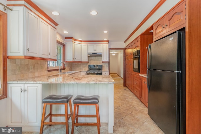 4 Apple Tree Ln, Hummelstown, PA 17036 - kitchen with black appliances, a peninsula, under cabinet range hood, backsplash, and recessed lighting