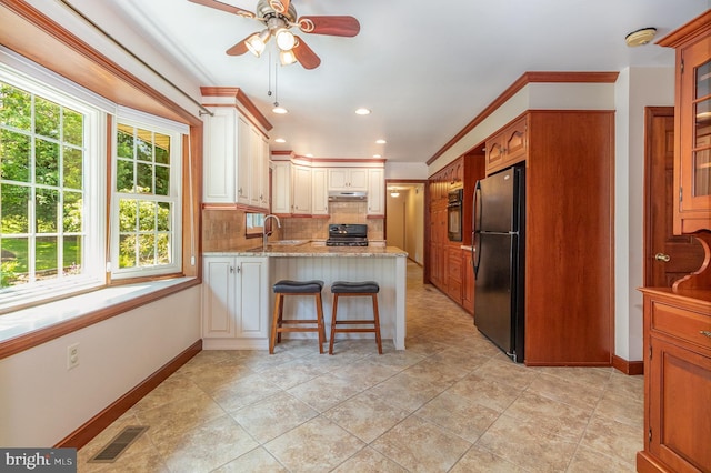 4 Apple Tree Ln, Hummelstown, PA 17036 - kitchen featuring black appliances, a peninsula, tasteful backsplash, a ceiling fan, and under cabinet range hood