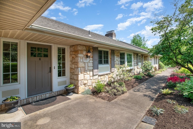 4 Apple Tree Ln, Hummelstown, PA 17036 - property entrance with stone siding, a shingled roof, and a chimney