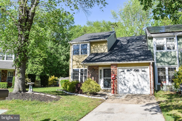 view of front of house featuring a garage, driveway, brick siding, and roof with shingles