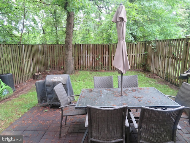 view of patio / terrace featuring a fenced backyard and outdoor dining area