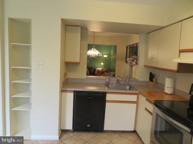 kitchen featuring black dishwasher, stainless steel electric range, under cabinet range hood, and light countertops