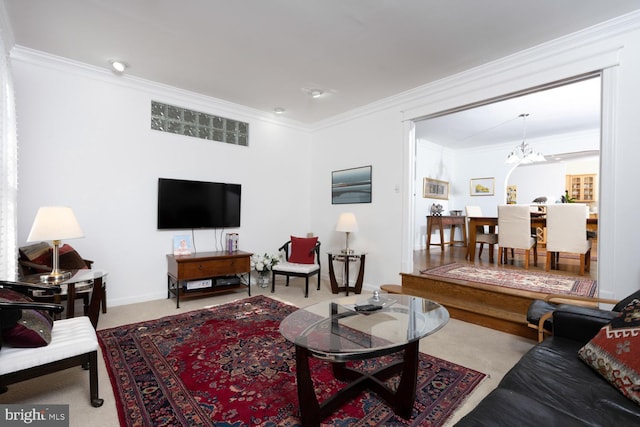 9841 Meadowcroft Ln, Montgomery Village, MD 20886 - living area with ornamental molding, a chandelier, and carpet