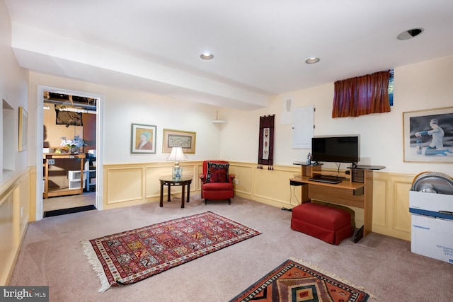 9841 Meadowcroft Ln, Montgomery Village, MD 20886 - living room with carpet, a wainscoted wall, a desk, recessed lighting, and a decorative wall