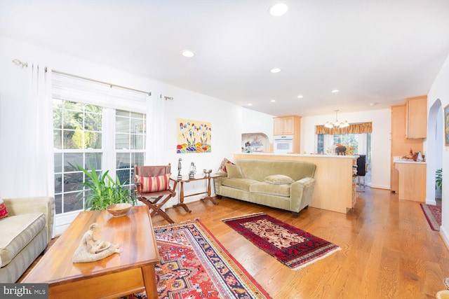 9841 Meadowcroft Ln, Montgomery Village, MD 20886 - living room with a chandelier, light wood finished floors, and recessed lighting