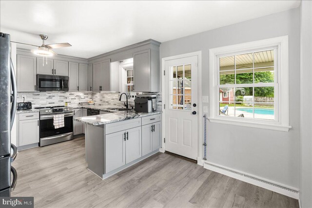 101 Flower, Mount Airy, MD 21771 - kitchen featuring stainless steel appliances, baseboard heating, a sink, a peninsula, and decorative backsplash