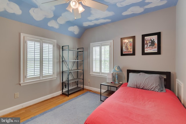 3663 Trinity, Alexandria, VA 22304 - bedroom featuring wood finished floors, baseboards, vaulted ceiling, and ceiling fan