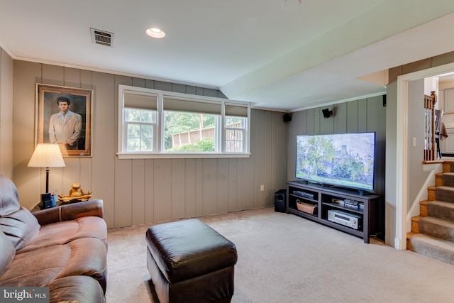 3663 Trinity, Alexandria, VA 22304 - living area with stairs, carpet flooring, ornamental molding, and recessed lighting