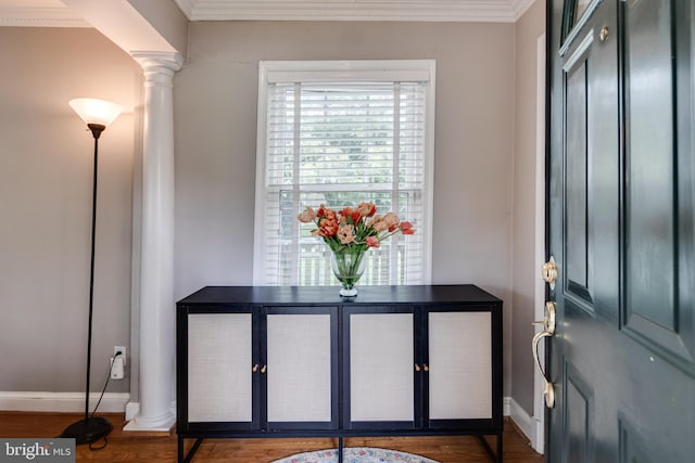 3663 Trinity, Alexandria, VA 22304 - foyer entrance featuring ornate columns, baseboards, wood finished floors, and ornamental molding