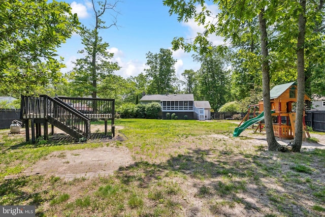 513 Louisiana Trl, Browns Mills, NJ 08015 - view of yard featuring a playground, stairway, and a deck