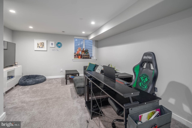 office with carpet flooring, recessed lighting, and baseboards