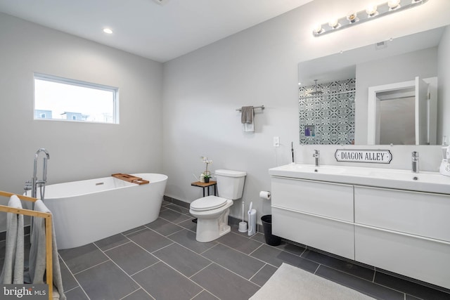 full bath featuring a soaking tub, toilet, double vanity, a tile shower, and tile patterned flooring