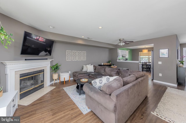130 Brent Ct, Thorofare, NJ 08086 - living area featuring a ceiling fan, a fireplace, baseboards, wood finished floors, and recessed lighting