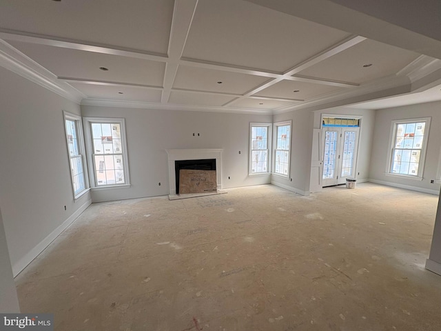 3608 Center Dr, Alexandria, VA 22309 - unfurnished living room with coffered ceiling, baseboards, a fireplace with raised hearth, crown molding, and beam ceiling