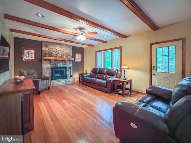 500 Newport Cir, Langhorne, PA 19053 - living area with a fireplace, beamed ceiling, light wood finished floors, and ceiling fan