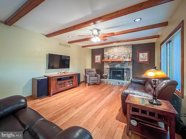 500 Newport Cir, Langhorne, PA 19053 - living area featuring beamed ceiling, light wood-style floors, a fireplace, a ceiling fan, and recessed lighting